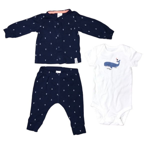 Carter’s 3 Piece Cardigan Set 3 Months Anchor Whale Navy Blue - Picture 9 of 9